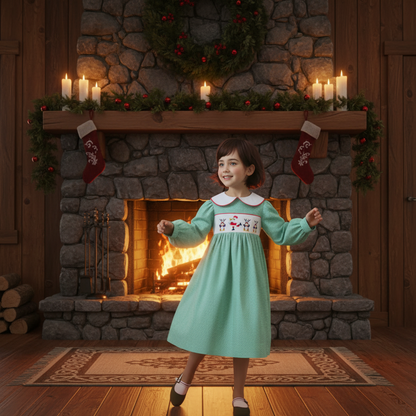 Green Gingham SANTA DANCING Smocked Long Sleeve Dress