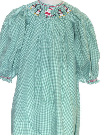 Green Gingham Long-Sleeve Bishop Dress With DANCING SANTA Hand-Smocked