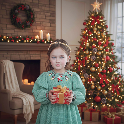 Green Gingham Long-Sleeve Bishop Dress With DANCING SANTA Hand-Smocked