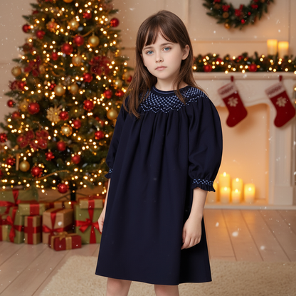 Navy Corduroy Geometric Smocked with Pearl Long Sleeve Bishop Dress