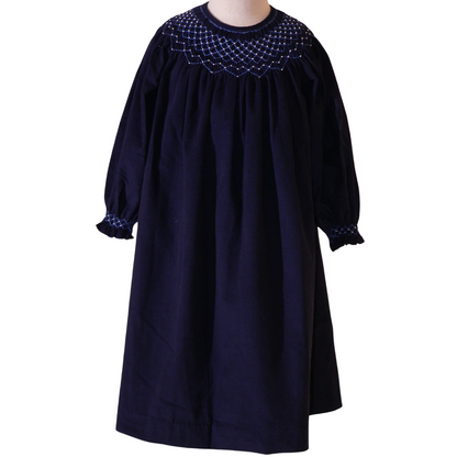 Navy Corduroy Geometric Smocked with Pearl Long Sleeve Bishop Dress