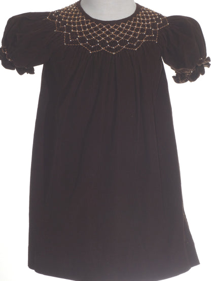 Chocolate Brown Corduroy Pearl Smocked Short Sleeve Bishop Dress