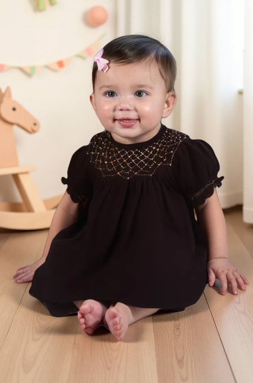 Chocolate Brown Corduroy Pearl Smocked Short Sleeve Bishop Dress