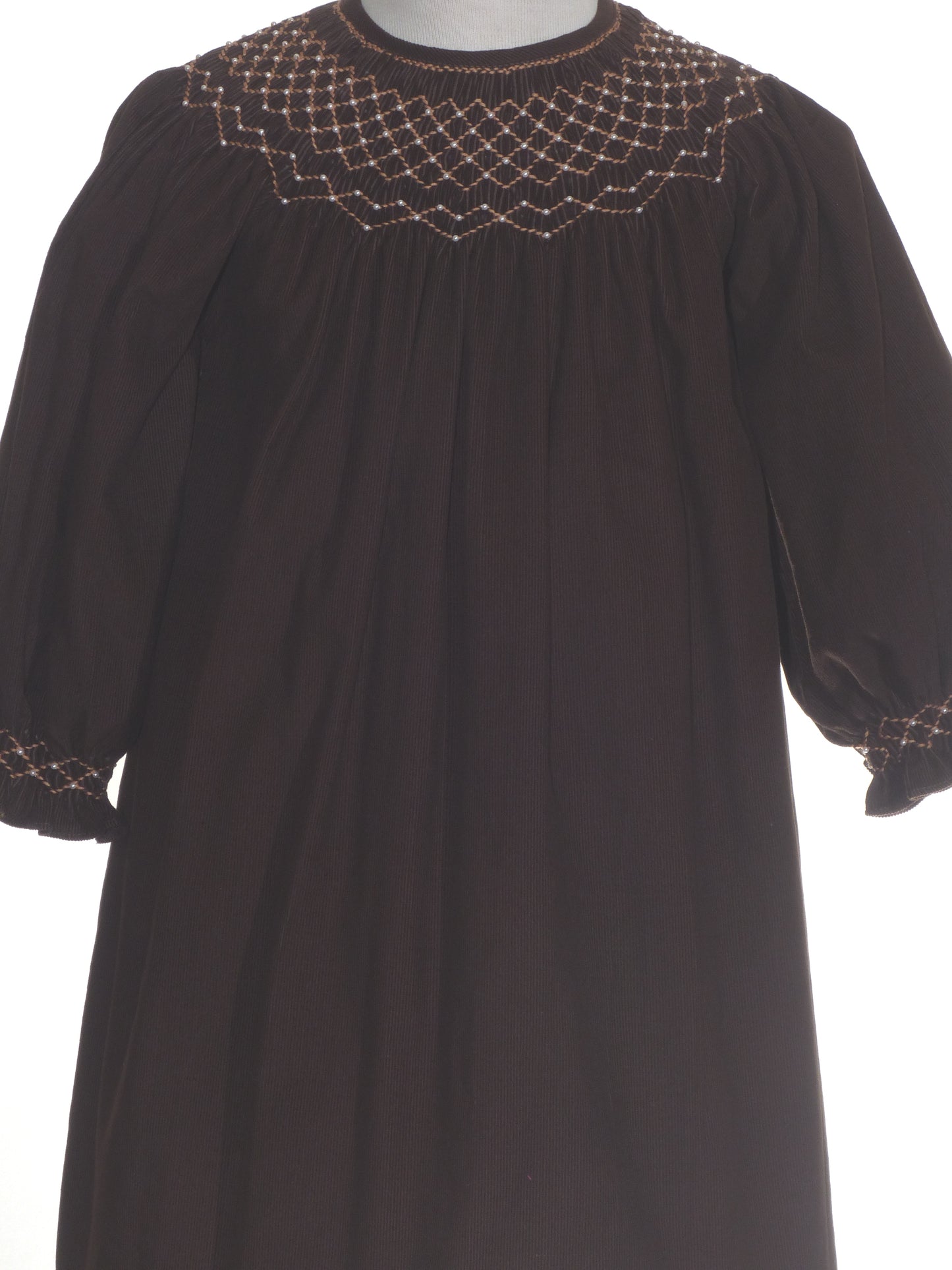 Chocolate Brown Corduroy Pearl Smocked Long Sleeve Bishop Dress