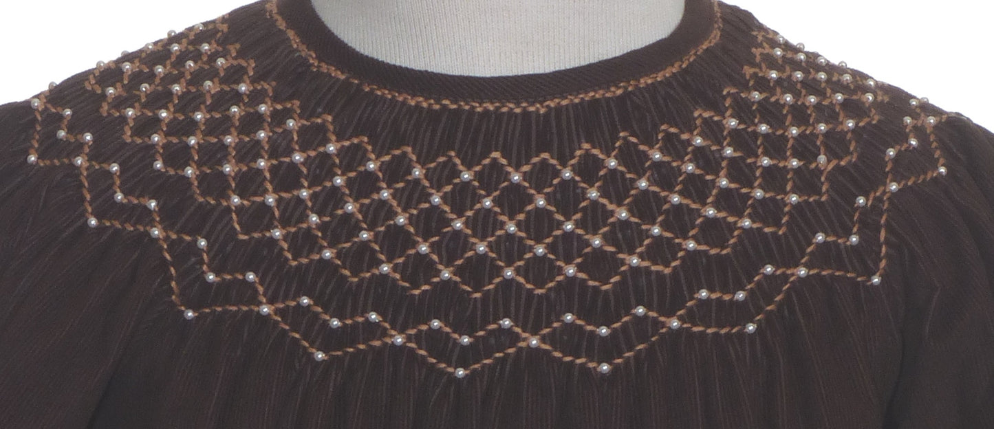 Chocolate Brown Corduroy Pearl Smocked Long Sleeve Bishop Dress