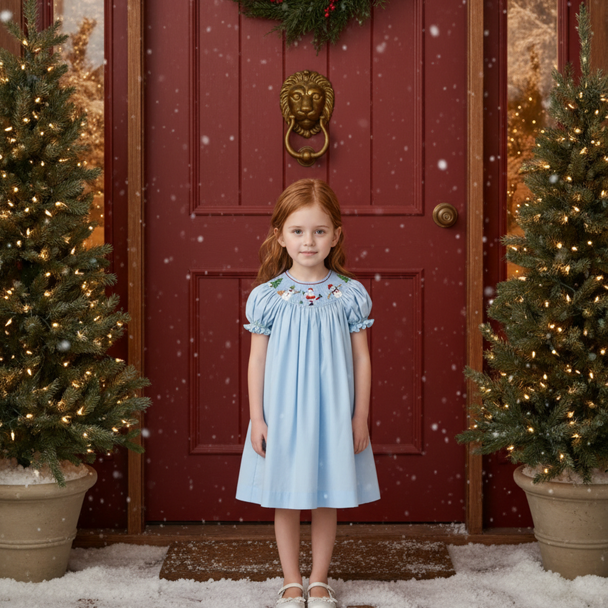 Light Blue Gingham Short Sleeve Dress Featuring SNOWMEN Hand-Smocked
