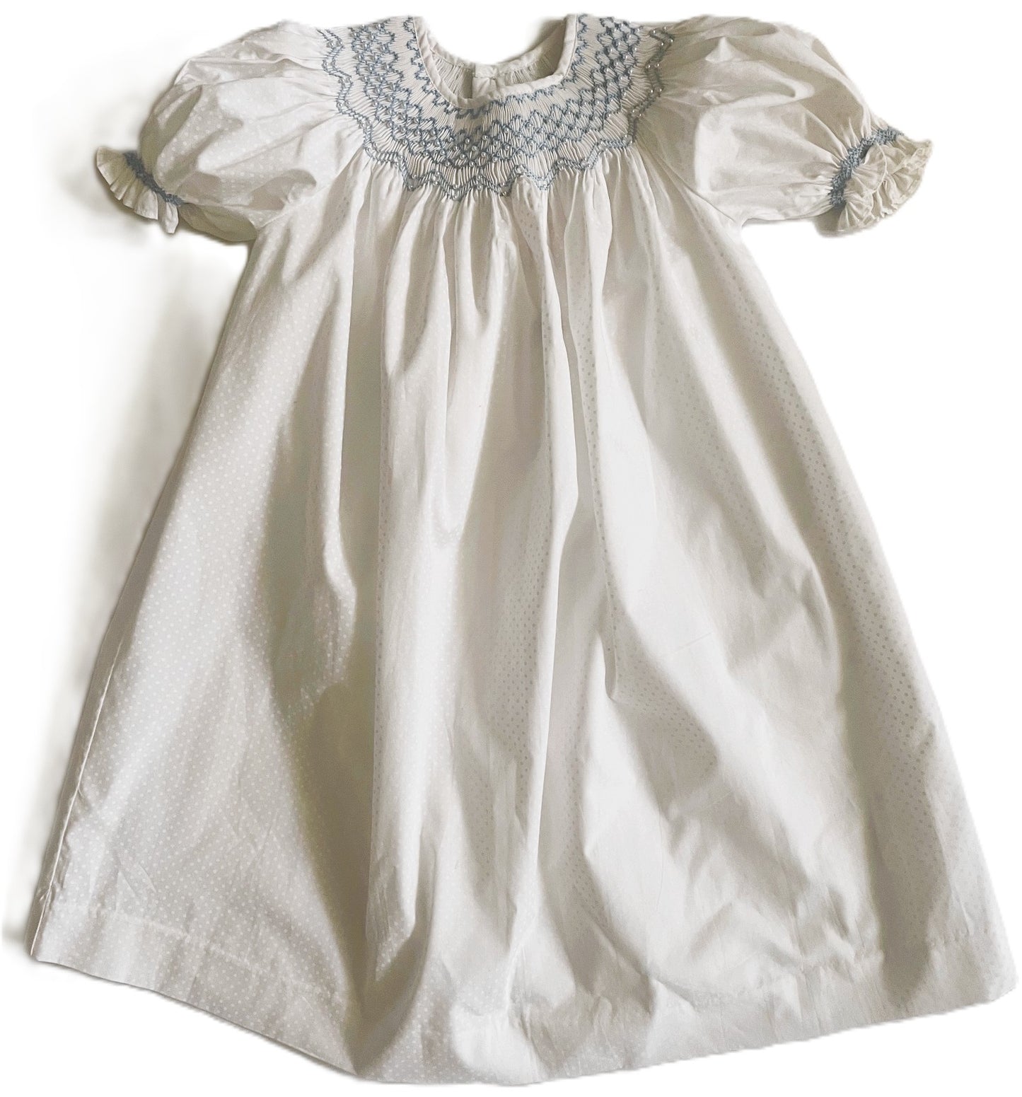 White Polka Dots Geometric Smocked with Pearl Short Bishop Sleeve Dress