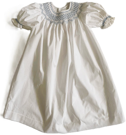 White Polka Dots Geometric Smocked with Pearl Short Bishop Sleeve Dress