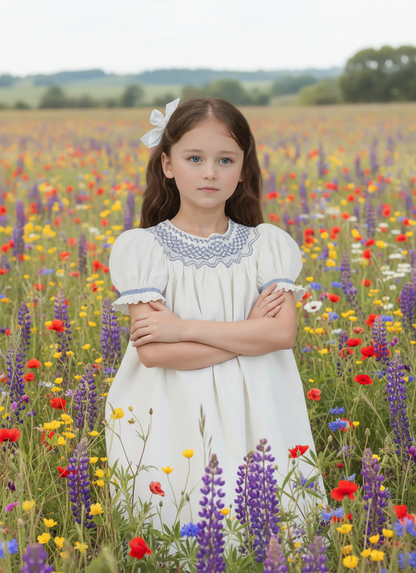 White Polka Dots Geometric Smocked with Pearl Short Bishop Sleeve Dress