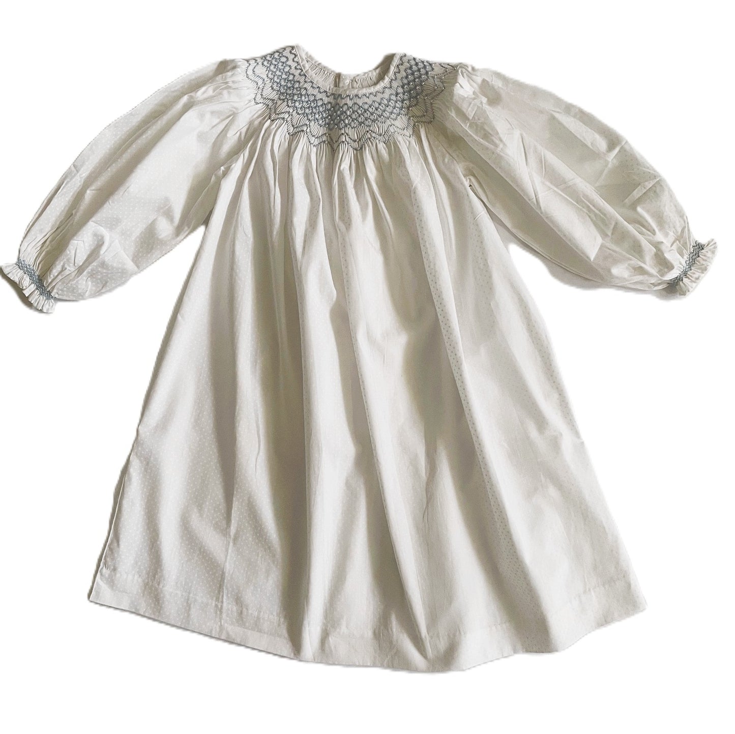 White Polka Dot Geometric Smocked Embroidered With Pearls Long Sleeve Dress