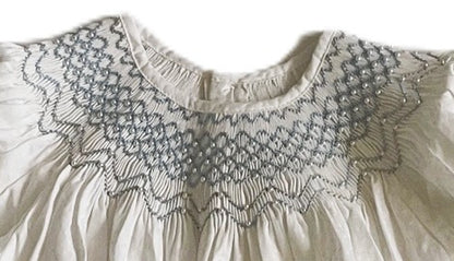 White Polka Dot Geometric Smocked Embroidered With Pearls Long Sleeve Dress