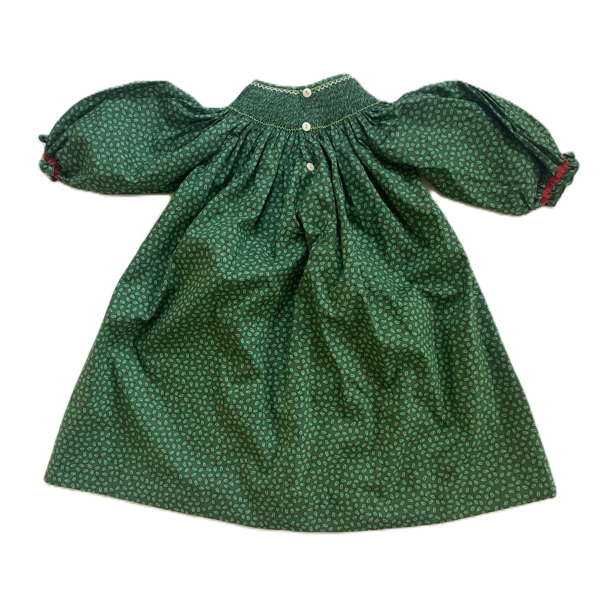 Green Long-Sleeve Bishop Dress With SANTA FACES Hand-Smocked