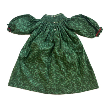 Green Long-Sleeve Bishop Dress With SANTA FACES Hand-Smocked