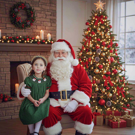 Green Long-Sleeve Bishop Dress With SANTA FACES Hand-Smocked