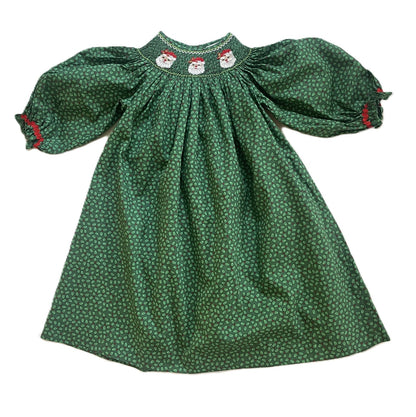 Green Long-Sleeve Bishop Dress With SANTA FACES Hand-Smocked