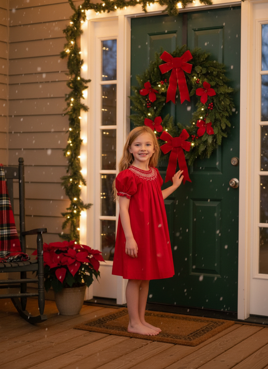 Red Geometric Smocked With Short Bishop Sleeve Dress