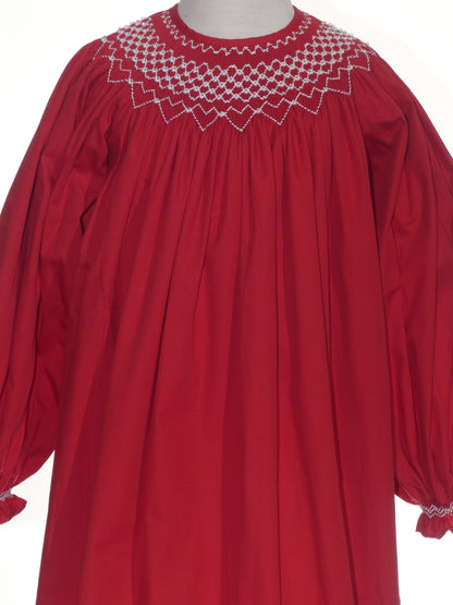 Red Geometric Smocked With Long Bishop Sleeve Dress