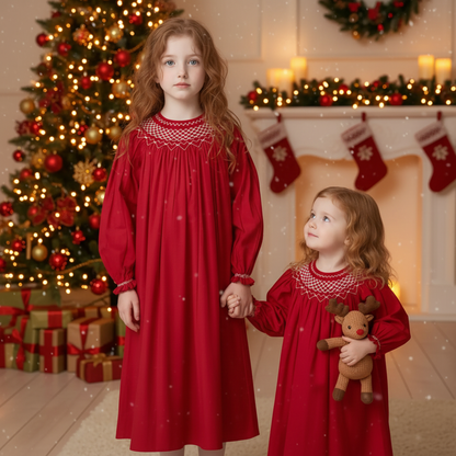 Red Geometric Smocked With Long Bishop Sleeve Dress