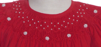Red Corduroy Pearl Smocked With Short Bishop Sleeve Dress