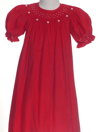 Red Corduroy Pearl Smocked With Short Bishop Sleeve Dress