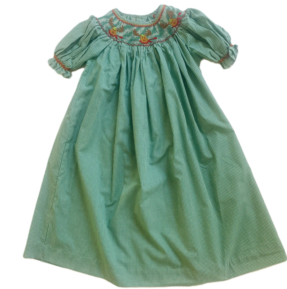 Green Gingham Short-Sleeve Bishop Dress With RUDOLPH Hand-Smocked