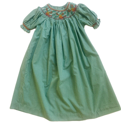 Green Gingham Short-Sleeve Bishop Dress With RUDOLPH Hand-Smocked