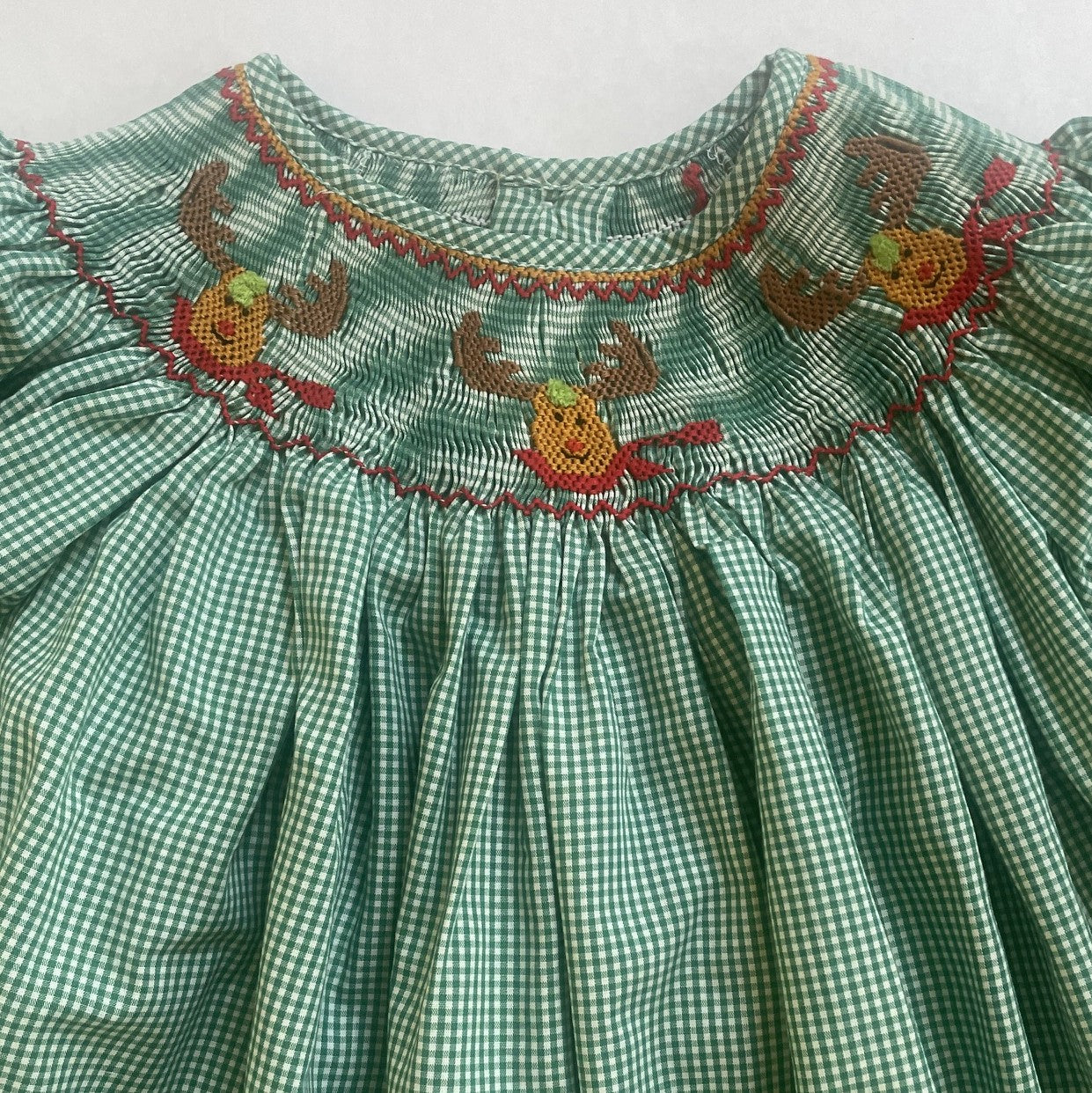 Green Gingham Short-Sleeve Bishop Dress With RUDOLPH Hand-Smocked
