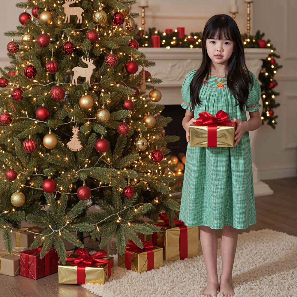 Green Gingham Short-Sleeve Bishop Dress With RUDOLPH Hand-Smocked