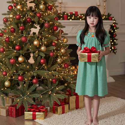 Green Gingham Short-Sleeve Bishop Dress With RUDOLPH Hand-Smocked