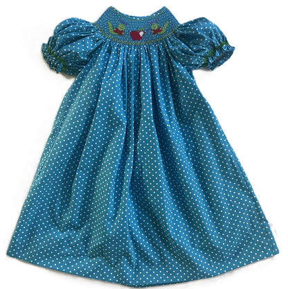 Blue Polka Dots Short Sleeve Bishop Dress Featuring CATERPILLARS & APPLES Hand Smocked