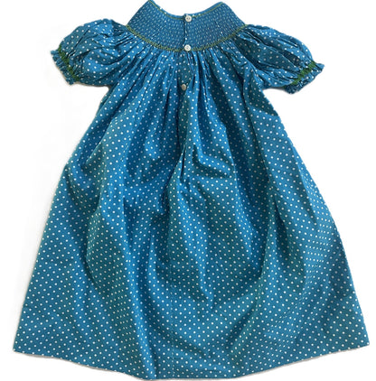 Blue Polka Dots Short Sleeve Bishop Dress Featuring CATERPILLARS & APPLES Hand Smocked