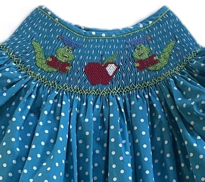 Blue Polka Dots Short Sleeve Bishop Dress Featuring CATERPILLARS & APPLES Hand Smocked