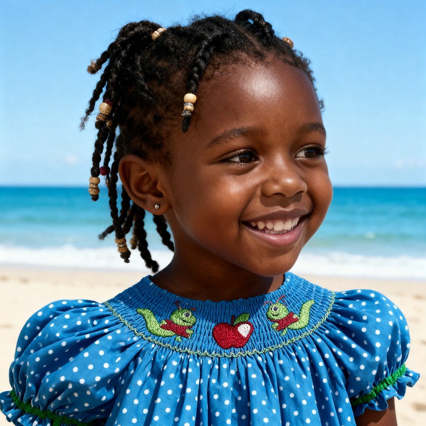 Blue Polka Dots Short Sleeve Bishop Dress Featuring CATERPILLARS & APPLES Hand Smocked