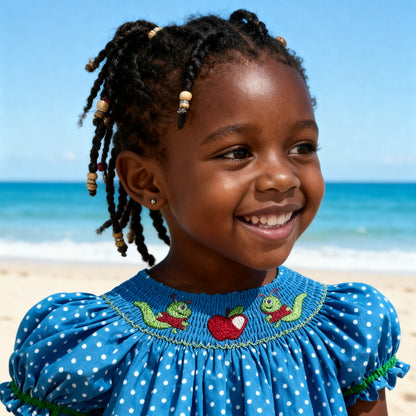 Blue Polka Dots Short Sleeve Bishop Dress Featuring CATERPILLARS & APPLES Hand Smocked