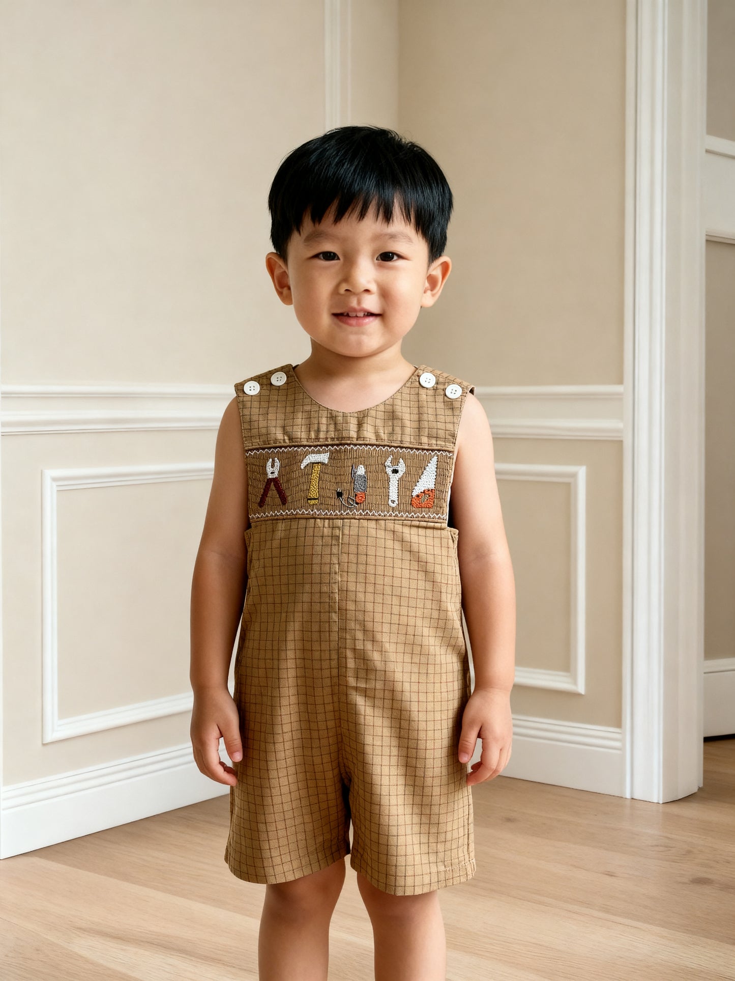 Brown Checked Boy Jon Jon featuring TOOLS Smocked