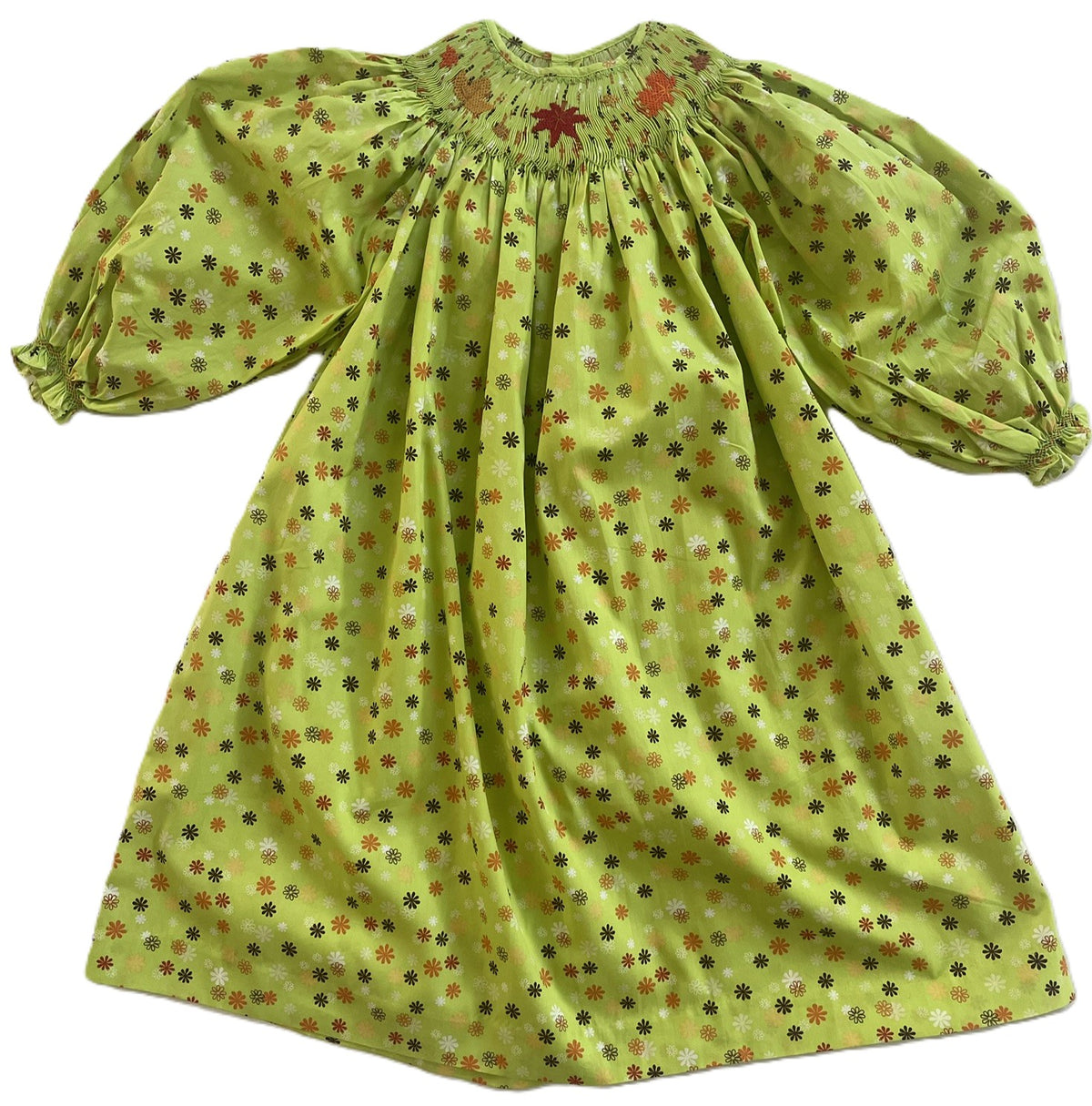 Green Floral Long Sleeve Bishop Dress featuring FALL LEAVES Hand-Smocked