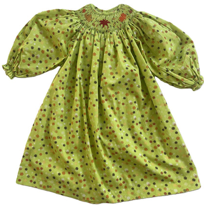 Green Floral Long Sleeve Bishop Dress featuring FALL LEAVES Hand-Smocked