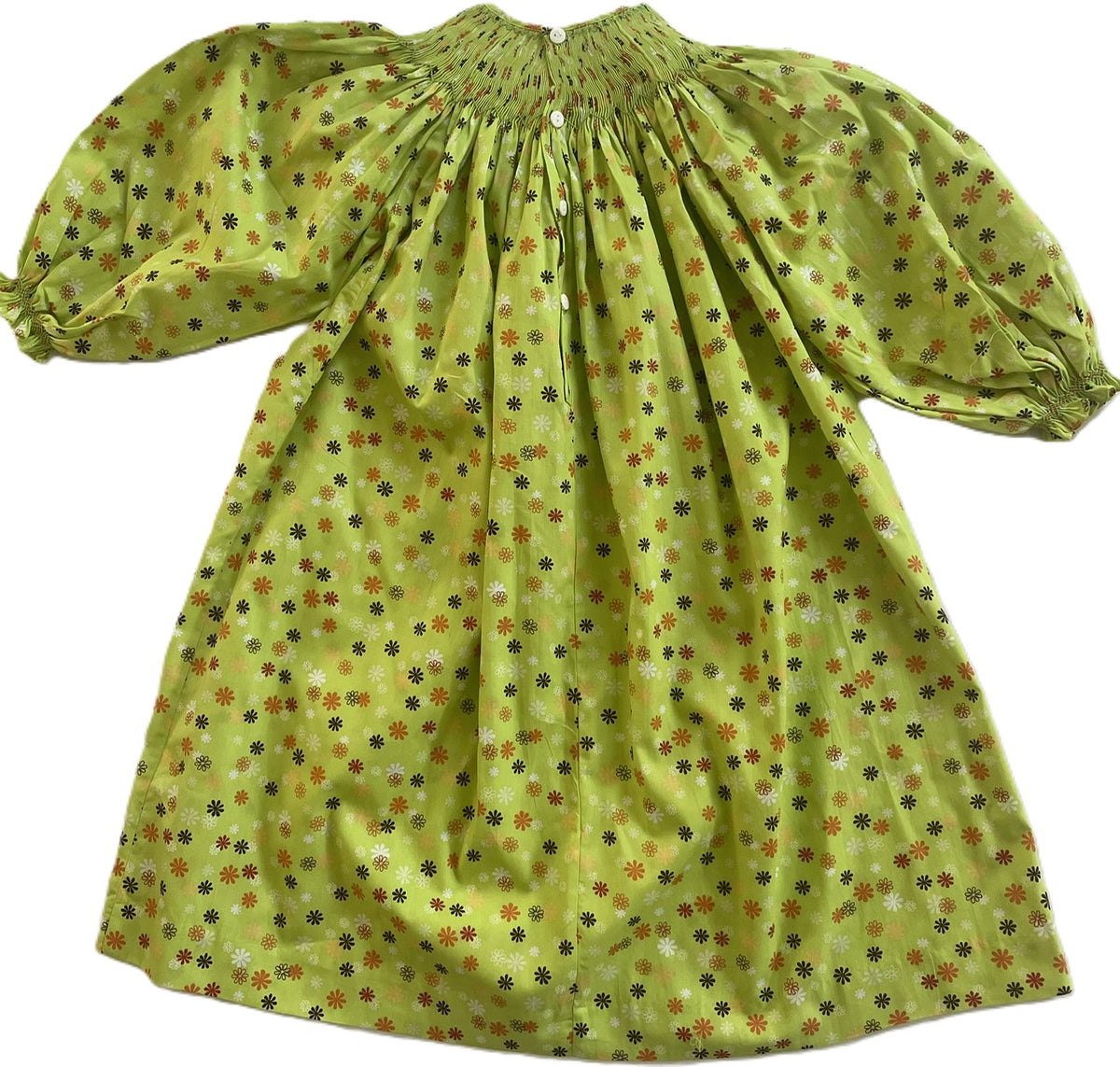 Green Floral Long Sleeve Bishop Dress featuring FALL LEAVES Hand-Smocked