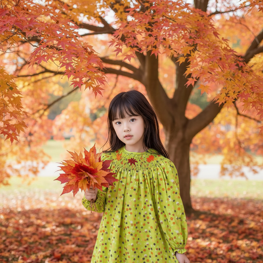 Green Floral Long Sleeve Bishop Dress featuring FALL LEAVES Hand-Smocked