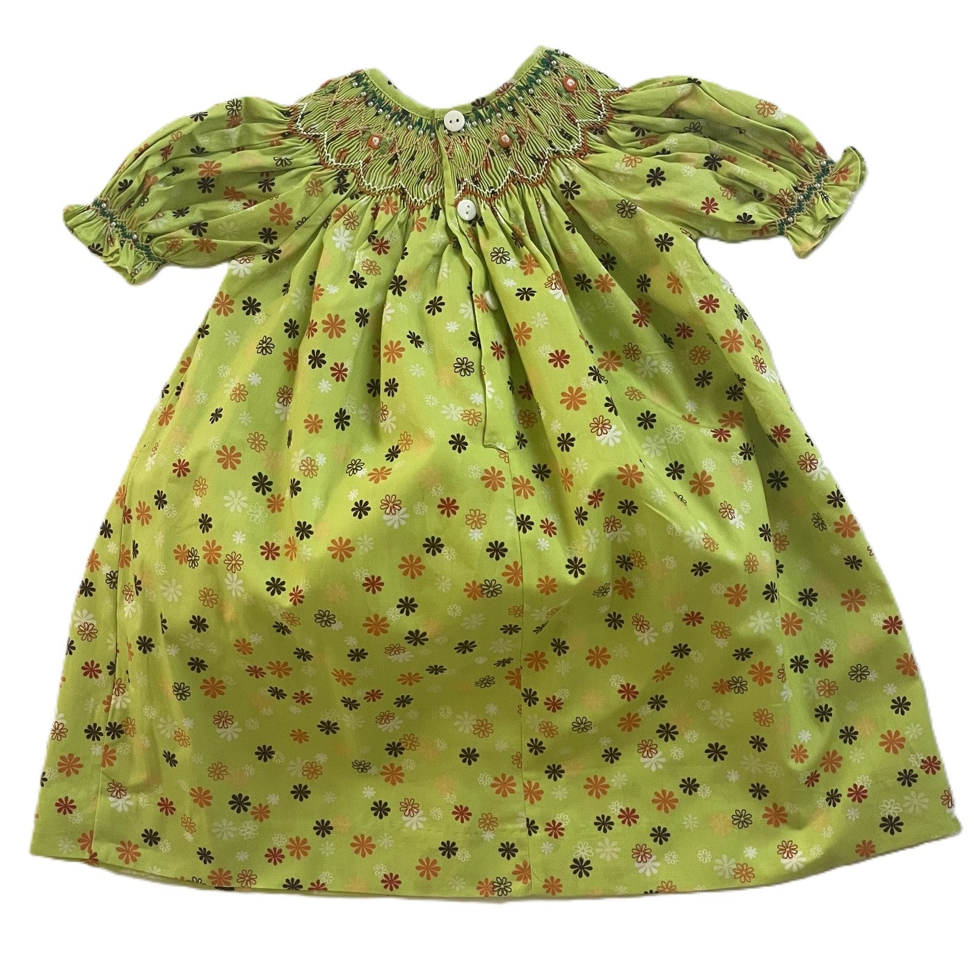 Green Floral Geometric Smocked Short Sleeve Bishop Dress