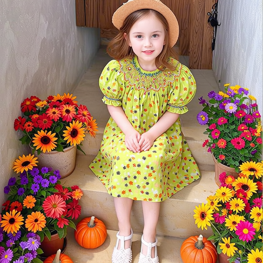 Green Floral Geometric Smocked Short Sleeve Bishop Dress