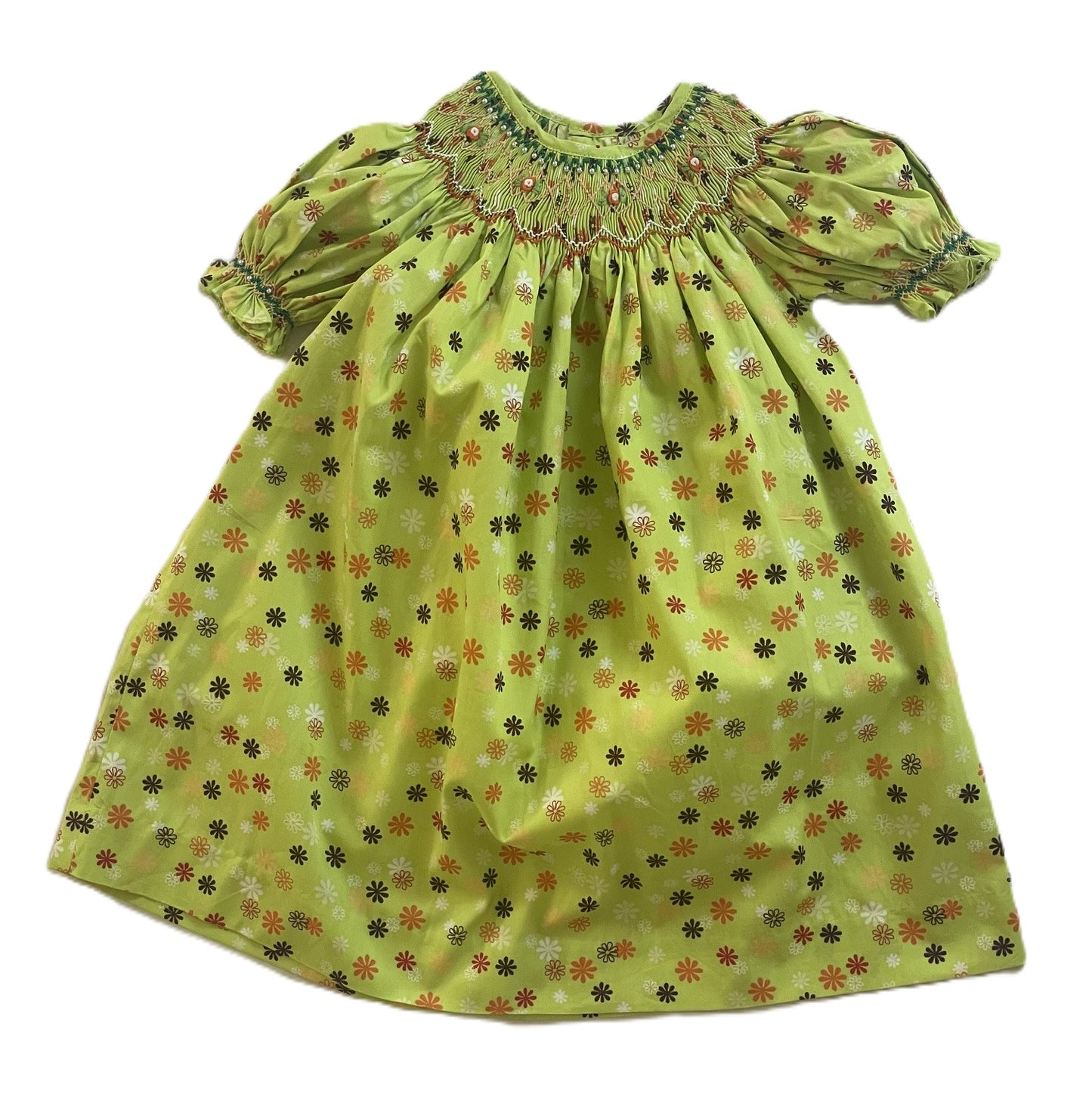 Green Floral Geometric Smocked Short Sleeve Bishop Dress