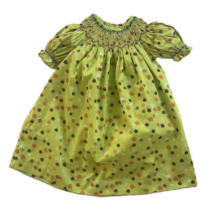 Green Floral Geometric Smocked Short Sleeve Bishop Dress