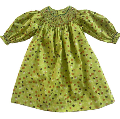 Green Floral Geometric Smocked Long Sleeve Bishop Dress