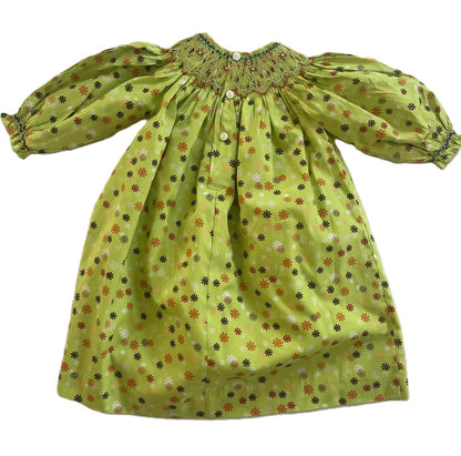Green Floral Geometric Smocked Long Sleeve Bishop Dress