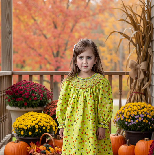 Green Floral Geometric Smocked Long Sleeve Bishop Dress