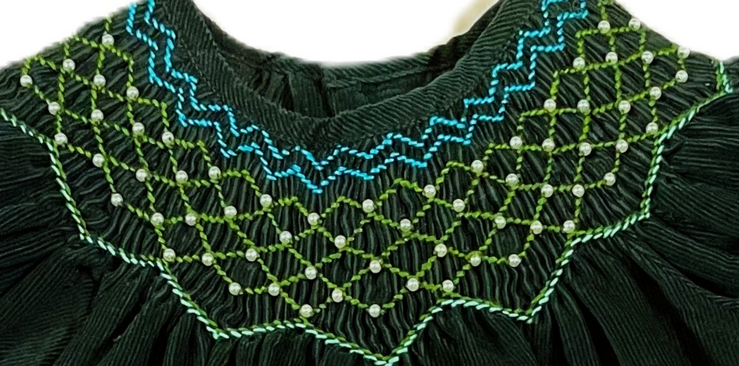 Green Corduroy Smocked with Pearl Long Sleeve Bishop Dress