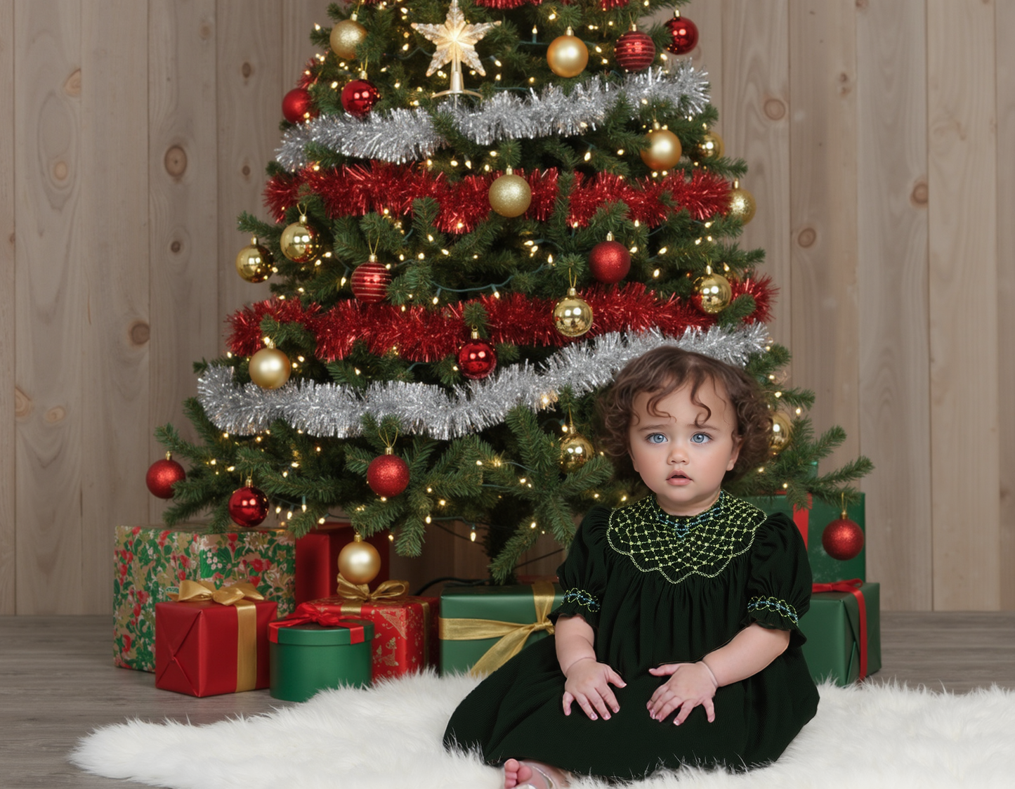 Green Corduroy Smocked with Pearl Bishop Dress