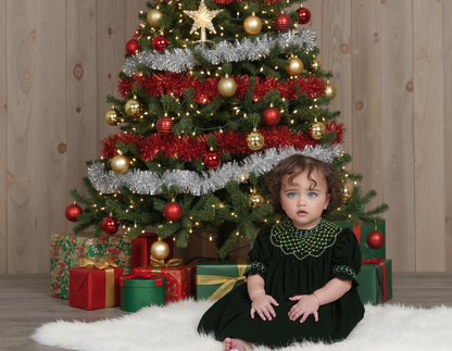 Green Corduroy Smocked with Pearl Long Sleeve Bishop Dress