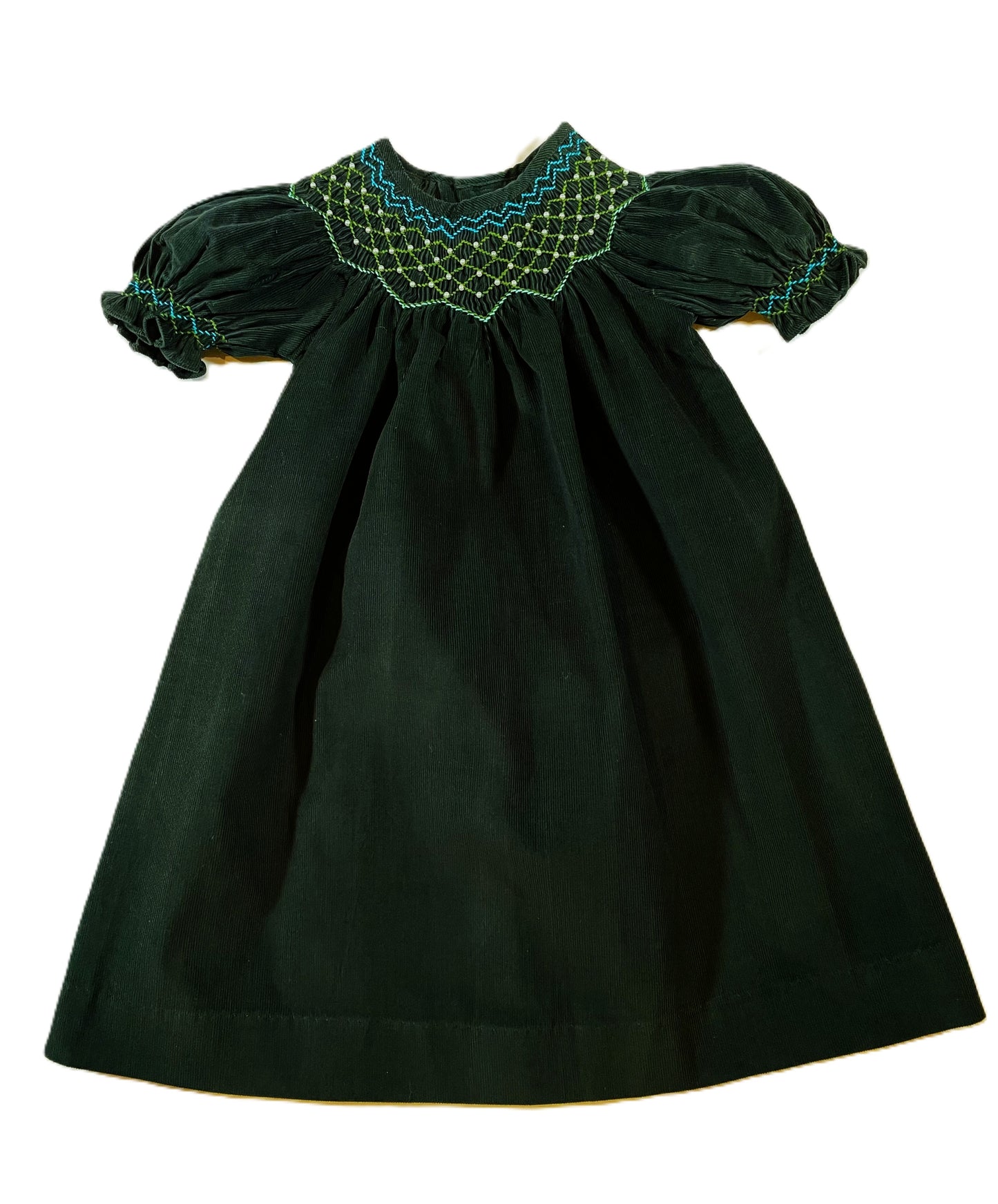 Green Corduroy Smocked with Pearl Bishop Dress